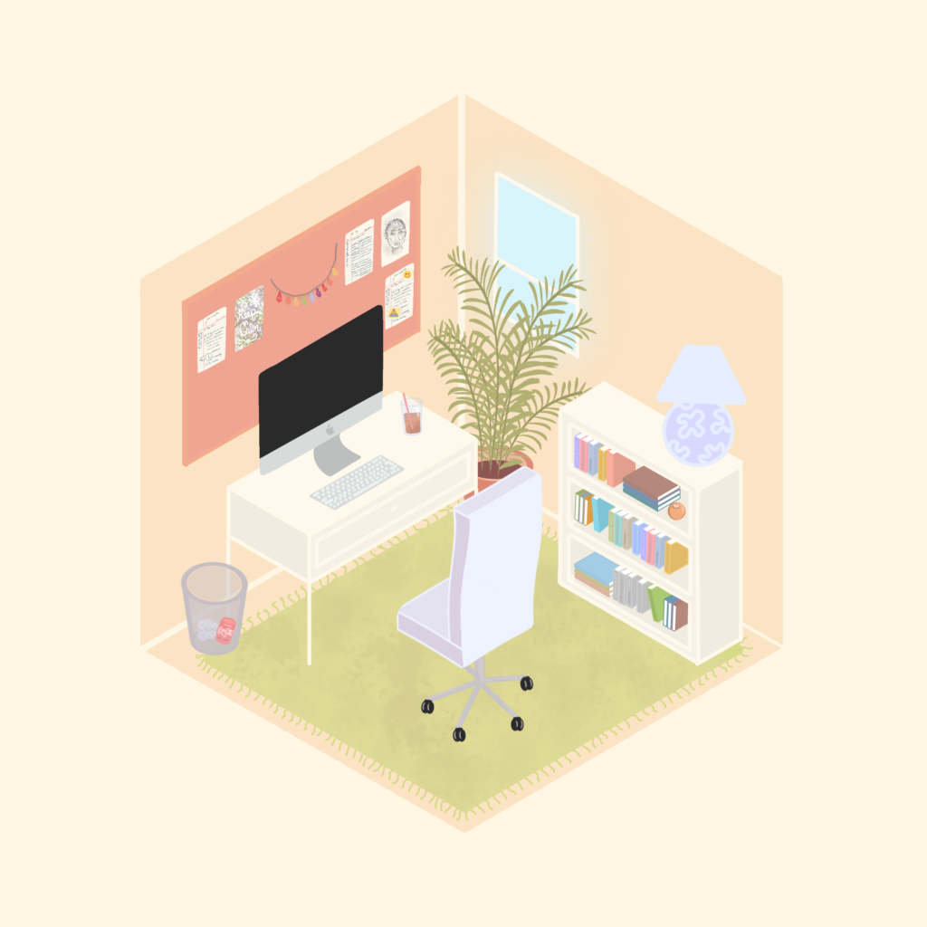 A digital illustration of a pastel-coloured isomorphic home office. The office features an iMac sitting on a small desk, a rolling office chair, a bulletin board with notes and artwork pinned, a bookshelf filled with books, and a large fern plant sitting on the floor next to a window.